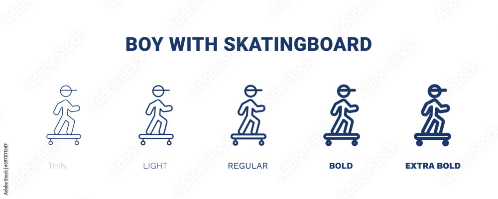boy with skatingboard icon. Thin, light, regular, bold, black boy with skatingboard icon set from sport and games collection. Editable boy with skatingboard symbol can be used web and mobile