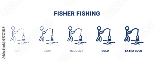 fisher fishing icon. Thin, light, regular, bold, black fisher fishing icon set from sport and games collection. Editable fisher fishing symbol can be used web and mobile