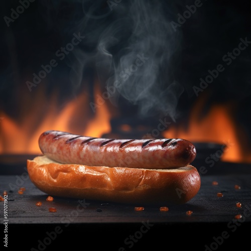 Delicious fried sausage with flames on a dark background, filled with taste and irresistible aroma. Ideal for BBQ. Generative ai.