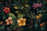Seamless watercolor pattern of leaves and flowers on dark background. Generative AI