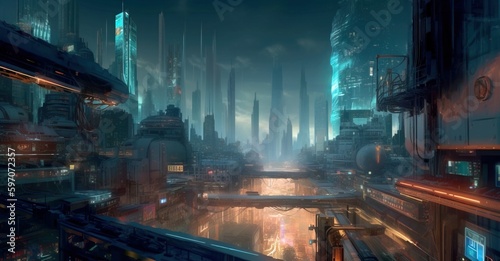 Cyberpunk Urban Future. Futuristic Cityscape. Huge Neon Skyscrapers. Aerial view to a panorama of a futuristic city. Sci-fi wallpaper. Generative AI illustration. © Valeriy