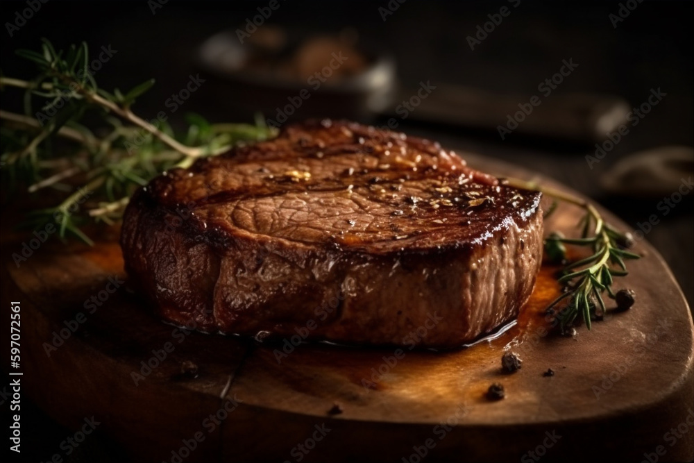 Beef steak roasted on wooden board with blurred dark background. AI generated. Beef steak roasted on wooden board with blurred dark background. AI generated.