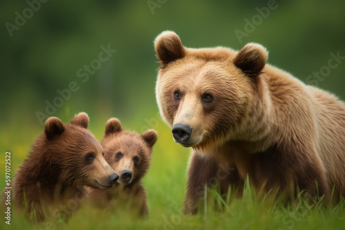 The mother brown bear (ursus arctos) guarding her two cubs. In the midst of a grassy meadow, a cute young mammal reunited with its mother. Meaningful groups of related animals, generative AI