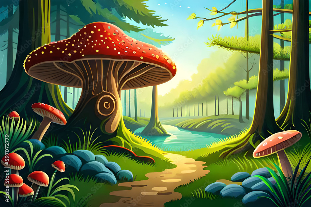 Magical forest with glowing toadstools and fireflies. Generative AI