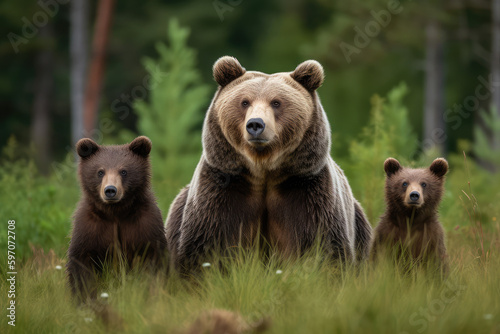 The mother brown bear (ursus arctos) guarding her two cubs. In the midst of a grassy meadow, a cute young mammal reunited with its mother. Meaningful groups of related animals, generative AI