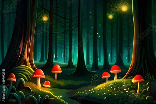 Magical forest with glowing toadstools and fireflies. Generative AI