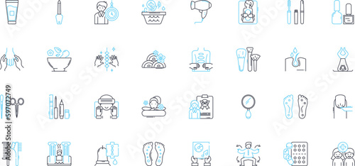 Hair shop linear icons set. Stylist, Haircut, Color, Highlights, Blowout, Perm, Straightening line vector and concept signs. Updo,Extensions,Braids outline illustrations Generative AI