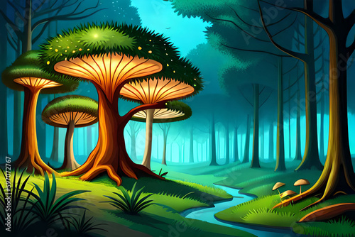 Magical forest with glowing toadstools and fireflies. Generative AI