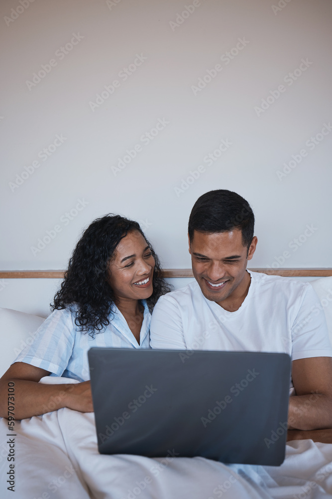 Laptop, relax and happy couple in bed, bonding and enjoying streaming, movie or browsing in their home. Online, movie and man with woman in a bedroom for weekend, entertainment and subscription Laptop, relax and happy couple in bed, bonding and enjoying streaming, movie or browsing in their home. Online, movie and man with woman in a bedroom for weekend, entertainment and subscription