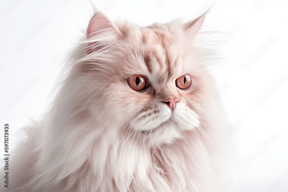 An AI generated image of a white background with a pink, fluffy cat. Generative AI
