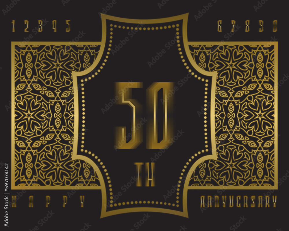Happy anniversary ornate sign kit. Golden patterned numbers and vintage frame for creating luxurious celebratory label. Happy anniversary ornate sign kit. Golden patterned numbers and vintage frame for creating luxurious celebratory label.