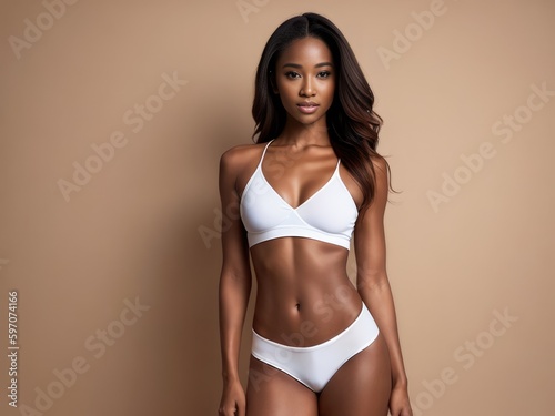 Portrait of beautiful black woman wearing white lingerie underwear. Posing posing at beige studio background. Generative AI