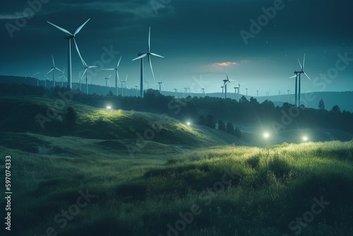 Illuminated turbine windmills in green field for eco-friendly energy. Generative AI