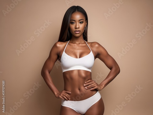 Portrait of beautiful black woman wearing white lingerie underwear. Posing posing at beige studio background. Generative AI