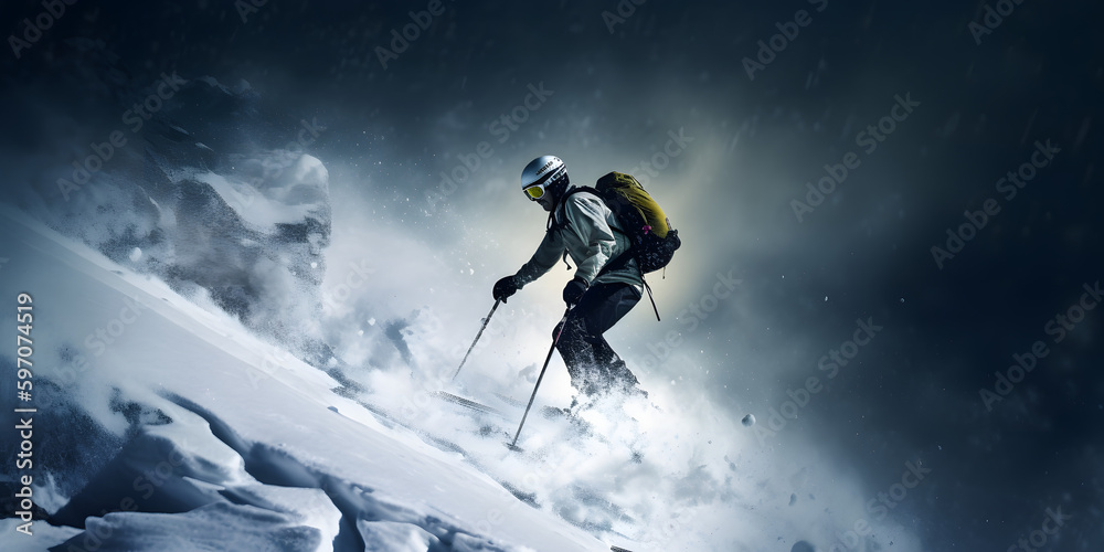 A skier making their way down a steep icy slope with pole  created with generative AI