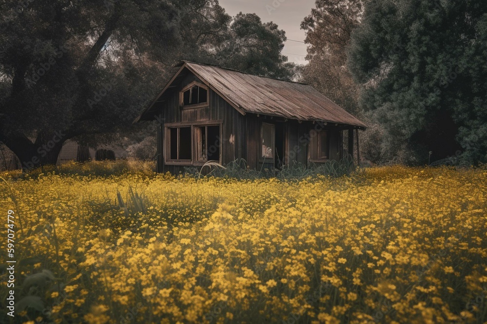 Rustic cabin in scenic field of yellow blooms. Generative AI
