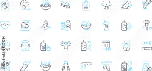 Radiant health linear icons set. Vitality, Fitness, Wellness, Energy, Stamina, Resilience, Strength line vector and concept signs. Balance,Flexibility,Serenity outline illustrations Generative AI