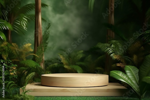 Wooden podium platform stage for product presentation in the tropical background. Podium mock up scene in the tropical forest. Generative AI
