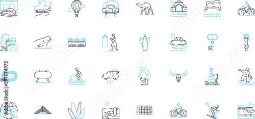 Adventure linear icons set. Expedition, Thrill, Excitement, Quest, Exploration, Journey, Leap line vector and concept signs. Discovery,Odyssey,Escapade outline illustrations Generative AI