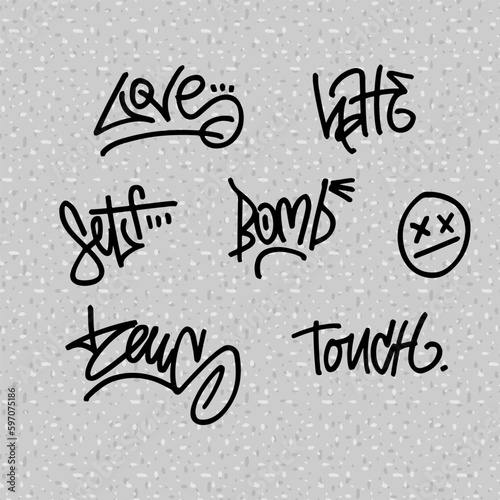 Marker graffiti grunge style tag lettering set. Inscriptions, words - love, hate, self, touch, bomb. Trendy y2k vector isolated illustration on gray background.