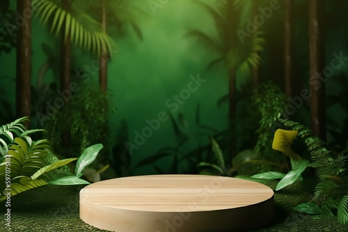 Wooden podium platform stage for product presentation in the tropical background. Podium mock up scene in the tropical forest. Generative AI
