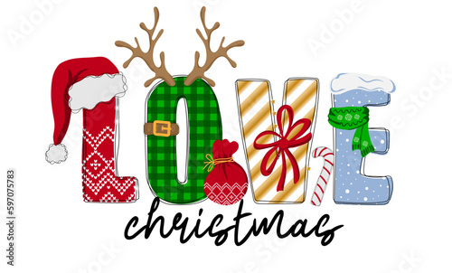 Love christmas. Hand drawn doodle text with Santa hat, antler, garlands and tied bow. Christmas design for poster, banner, t shirt, card, flyer. Vector illustration	