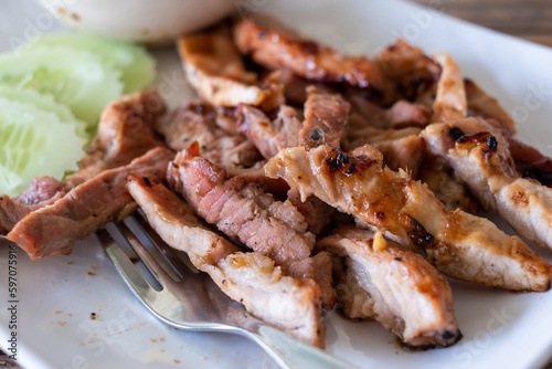 Close up of grilled pork in Thai style