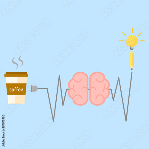 Brain charging energy by coffee or caffeine. Brain boosting power for activity, work or idea.