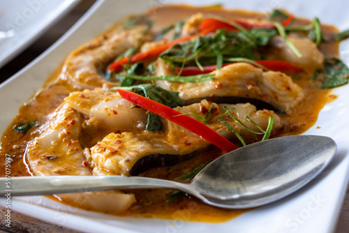 Fish Red Curry in white plate