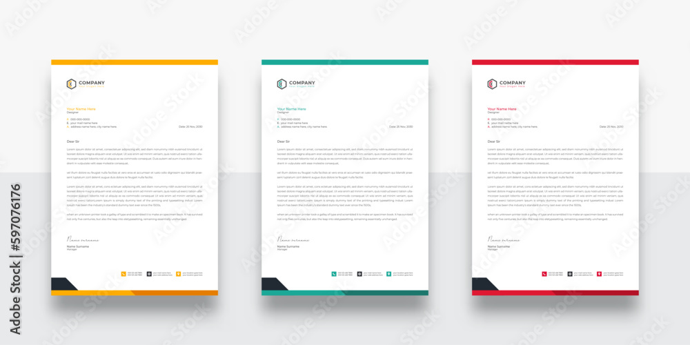 clean and simple business company letterhead template. With color variation creative letterhead Template. modern letterhead design template for your project. Business letterhead design.
