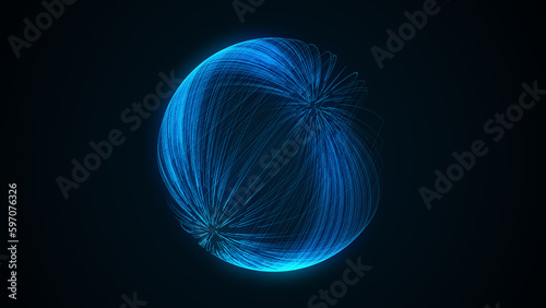 Abstract sci-fi sphere with particles and lines. Technology network connection on world. Futuristic illustration. Global digital connections ai. 3D wireframe geometric sphere. 3D rendering.