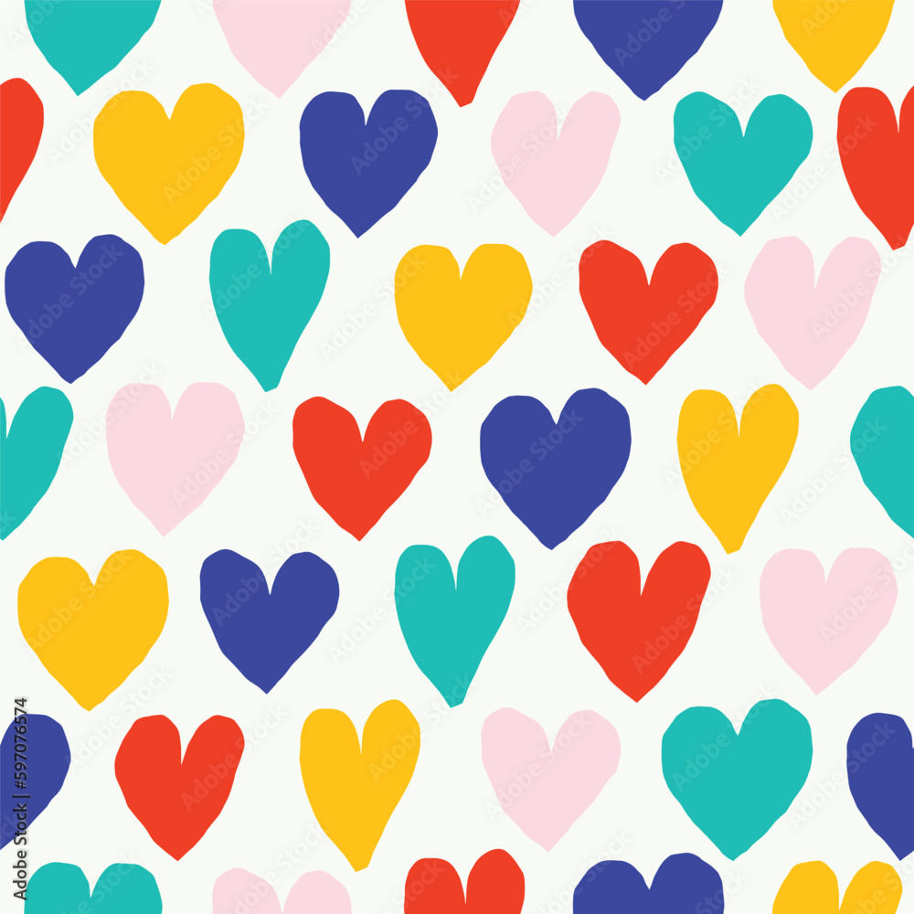 Beautiful seamless texture with different hearts. Romantic vector texture with coloured hearts. Bright Love background Beautiful seamless texture with different hearts. Romantic vector texture with coloured hearts. Bright Love background
