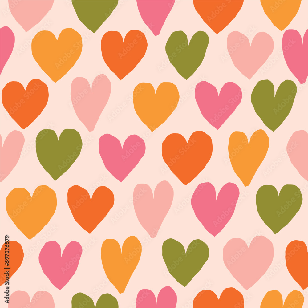Beautiful seamless texture with different hearts. Romantic vector texture with coloured hearts. Bright Love background