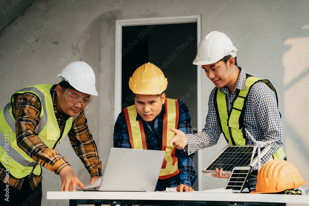 .Architect team working with blueprints for sketching a construction project, green energy and solar panel concept. .Architect team working with blueprints for sketching a construction project, green energy and solar panel concept.