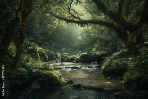 A green forest with a river flowing through it and a detailed matte painting naturalism. Generative AI