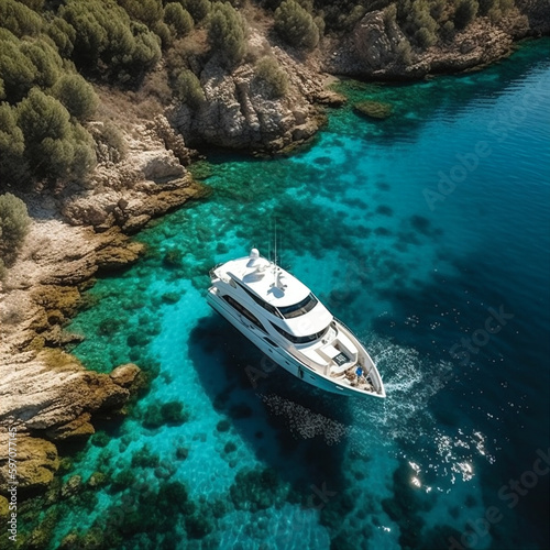 Aerial view of luxury yacht next to mediterranean island paradise. AI generated. © Oksana Kumer