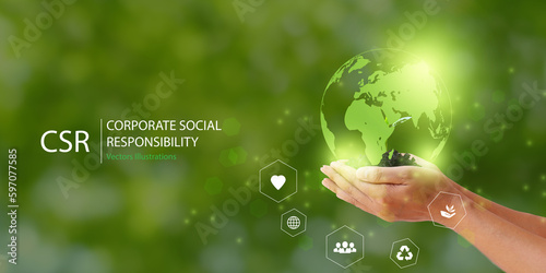 Hand holding Earth globe icon CSR concept design.Corporate social responsibility and giving back to the community on a green background.modern business concept.
