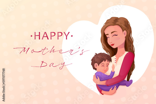 Happy Mothers day greeting with woman holding boy smiling in heart shape in cartoon style, mum and baby poster, card with text.