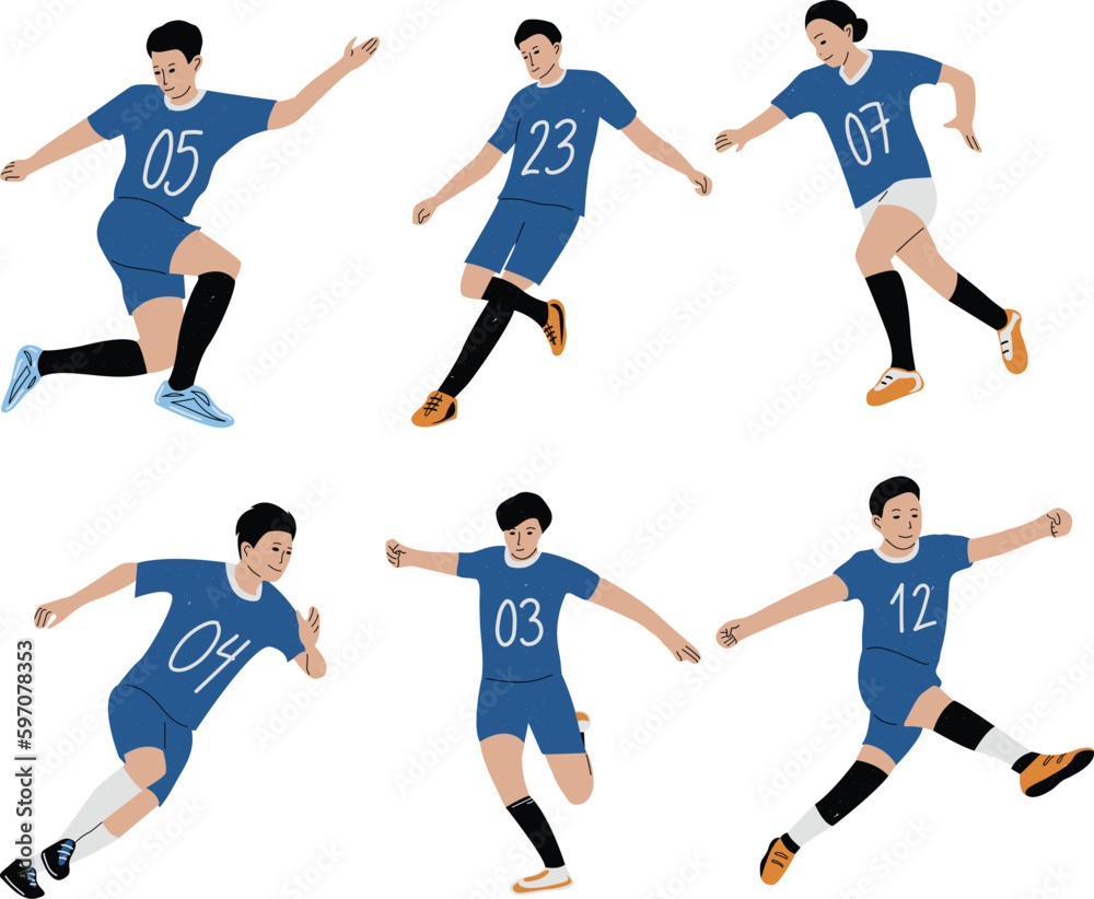 football players vector. Soccer player in action. Set of soccer players. Vector illustration.