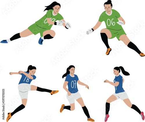 Set of soccer players in action. Vector illustration in flat style.