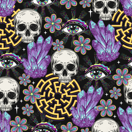 Pattern with gemstones, human skull, crystals, all seeing eye, labyrinth. Concept of sacred spirit, magic mind, extended mind. Psychedelic surreal illustration. Good for groovy, hippie, mystical style