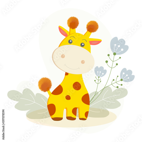 cheerful yellow giraffe on a background of grass and flowers