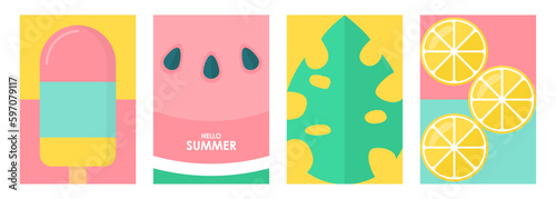 Summertime theme posters. Summer backgrounds set for your seasonal creative graphic design. Vector illustration.