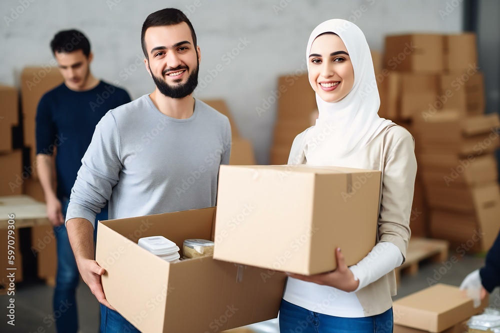 Charity, donation and volunteering concept. Happy smiling muslim volunteers with boxes Preparing Free Food Delivery. Generative AI Charity, donation and volunteering concept. Happy smiling muslim volunteers with boxes Preparing Free Food Delivery. Generative AI
