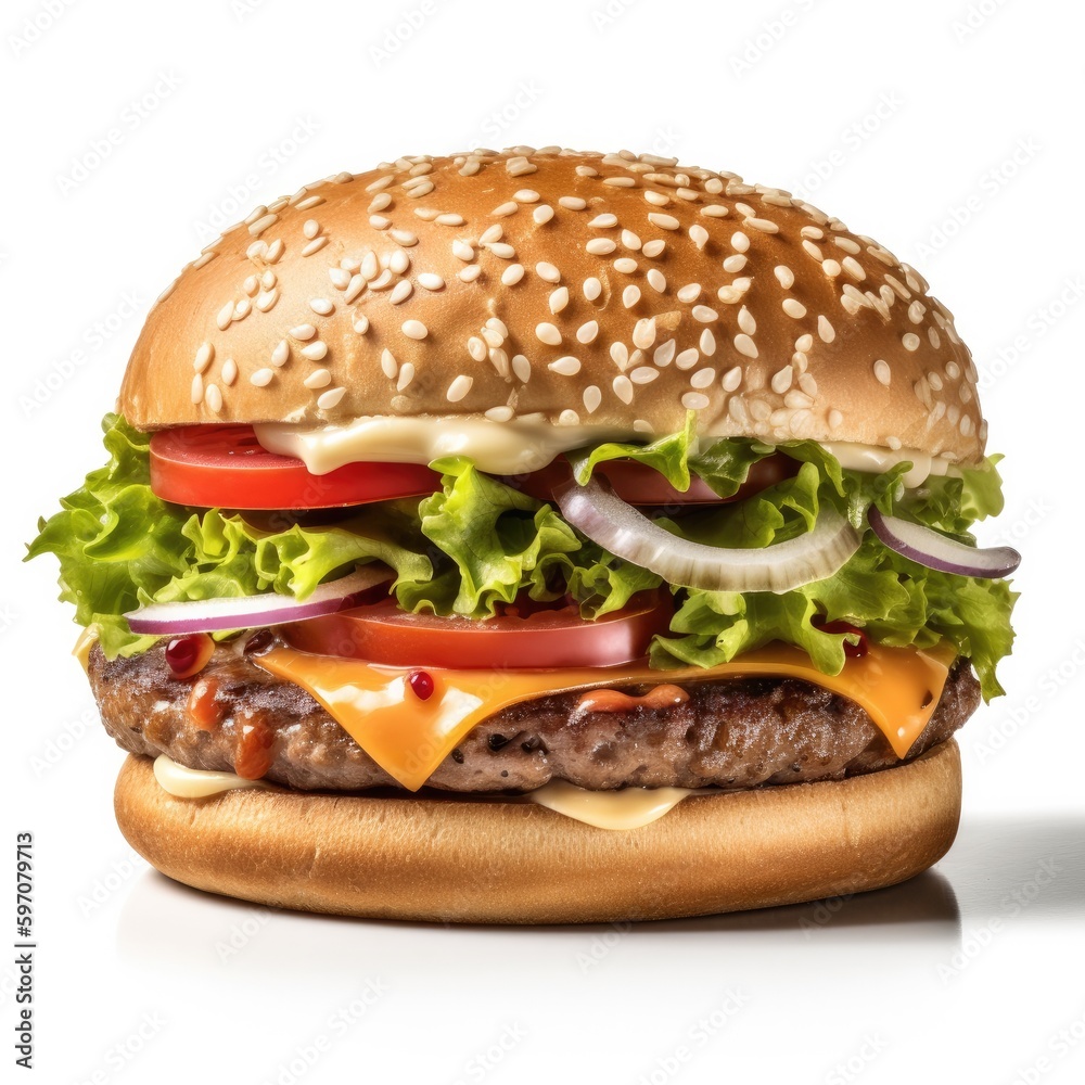 Hamburger Isolated on White .Generative AI Hamburger Isolated on White .Generative AI