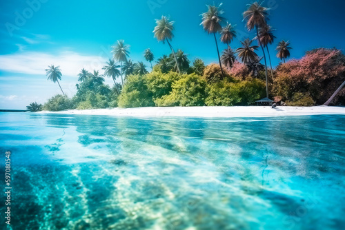 Paradise tropical island with crystal blue water, white sand, palm trees and blue sky. Created with Generative AI technology. © Adrian Grosu