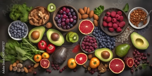 Assorted fresh fruits, vegetables, and nuts in bowls