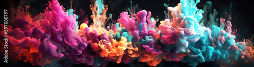 Magical multicolored smokes, cloud, or color fog on a black background, Abstract banner Generative Ai