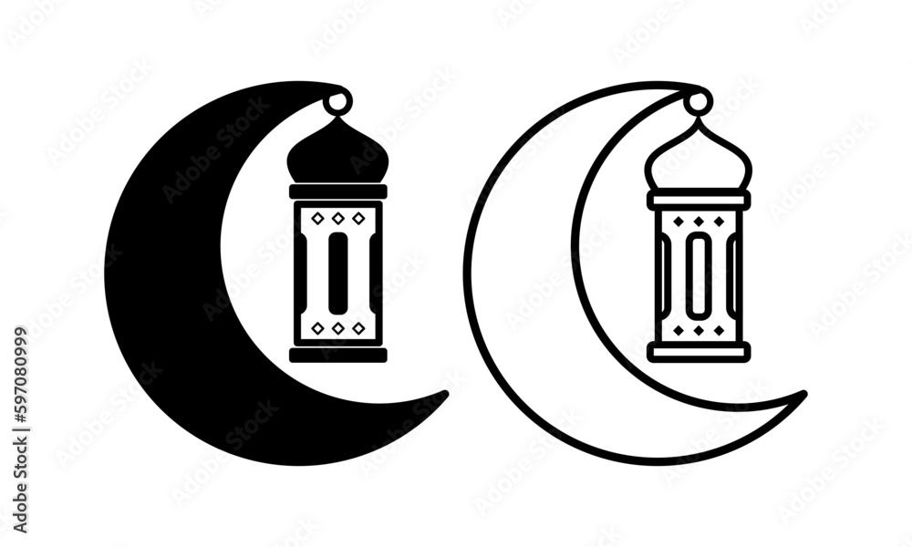 Ramadan Kareem lantern and crescent moon icon. Black and white moon and lanterns icon. Used for celebration design elements and Ramadan Kareem greeting card