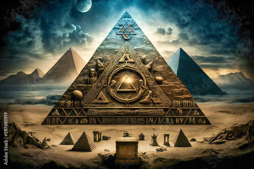 Pyramid with astrology and esoteric symbols on it. Esoteric, ancient wisdom or freemasonry concept composition. Created with Generative AI technology.